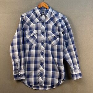 Wrangler Western Plaid Long‎ Sleeve Pearl Snap Shirt Men S Blue White
